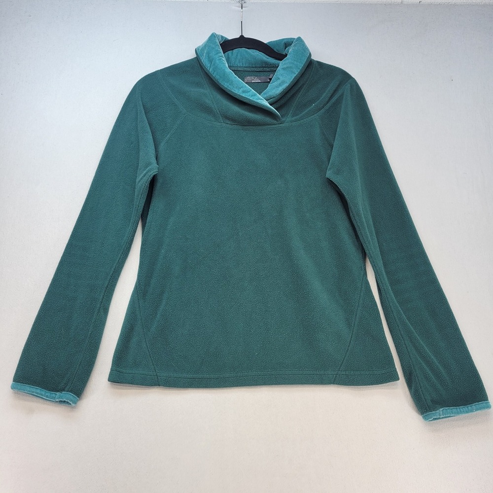 Prana Fleece Pullover Womens Medium Green Outdoor Velvet Trim Shawl Neck Top